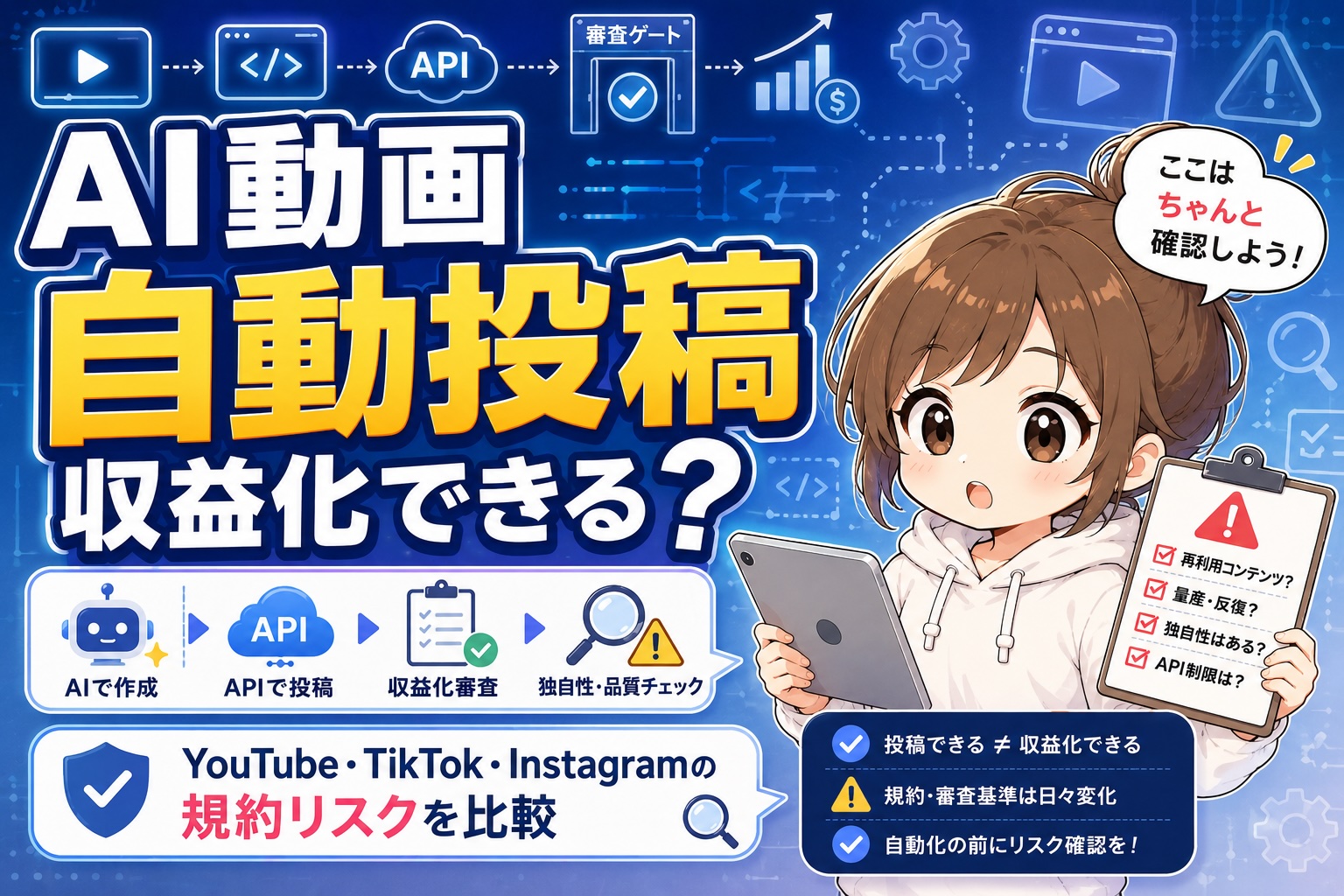 AI動画の自動投稿は収益化できる？YouTube・TikTok・Instagramの規約リスクを比較