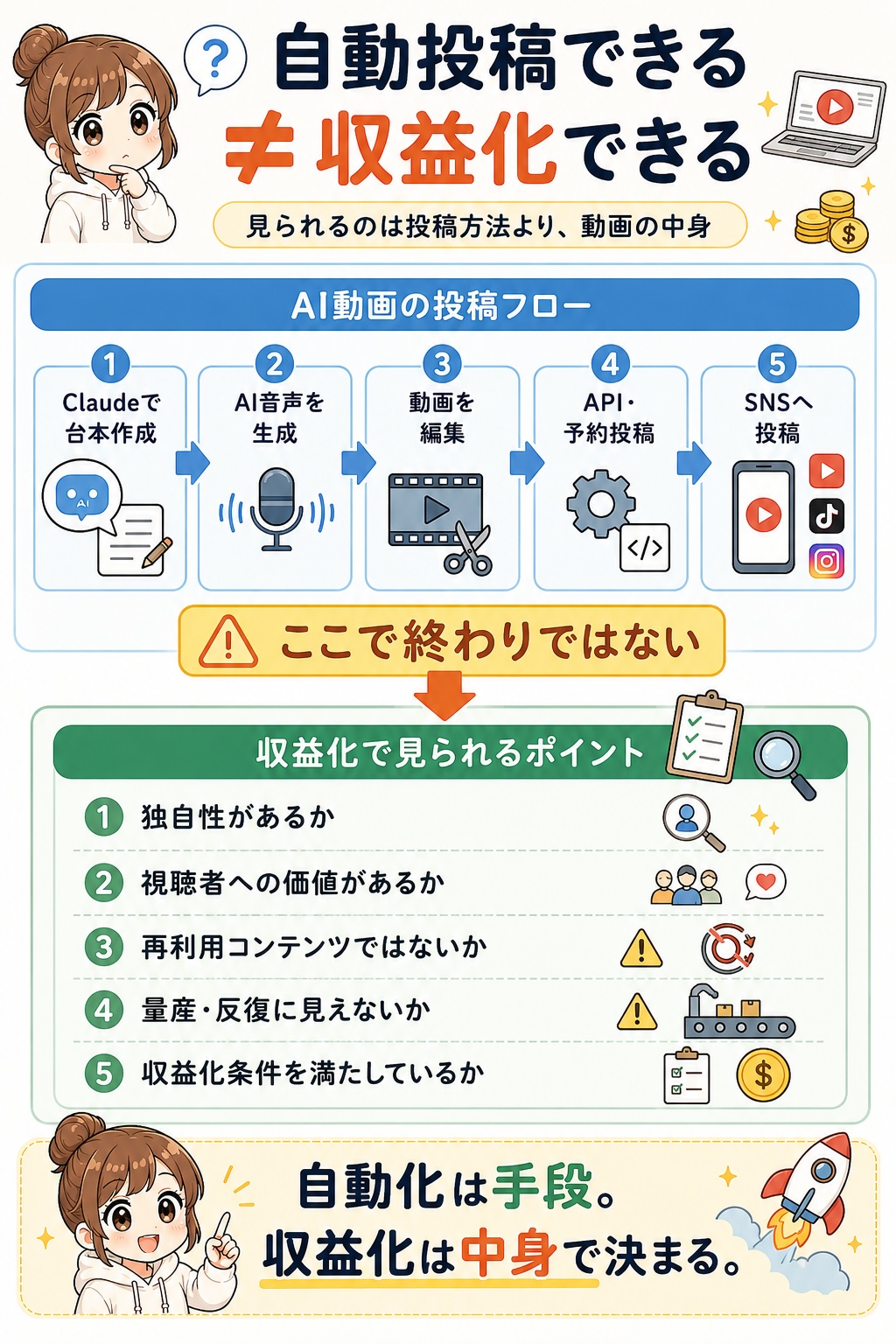AI動画の自動投稿と収益化で見られるポイント
